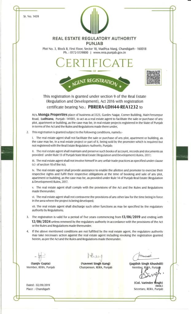 Real Estate Regulatory Authority Punjab certificate number PBRERA-LDH44-REA1232